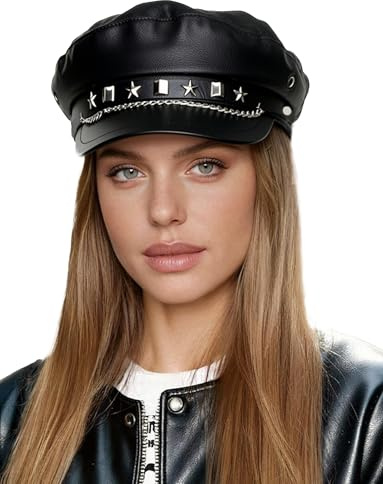 Ausing PU Leder Baskenmützen Barette für Damen Klassische Französische Visor Kapitän Schirmmütze Ballonmütze Bakerboy Hat Mütze Beret Cap Elbseglermütze Einfarbig Casual Maler Kappe