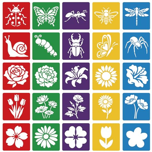 CUTHOLLOW 25 Stück Blumen- und Insektemuster Schablonen Malen | 20x20cm Bunte Malschablonen Groß, Große Wiederverwendbar Cartoon Malerei Schablone für Scrapbooking DIY Geschenkkarten