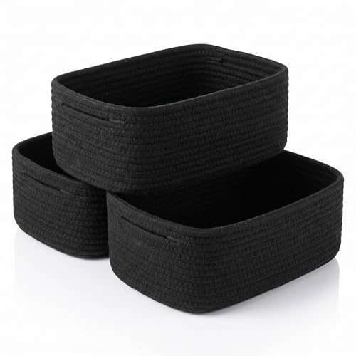 Aufbewahrungskorb Geflochten, 3PCS Baumwollseil Regalkörbe zum Ordnen, Schrank Aufbewahrungskörbe,Seilkorb Körbe Aufbewahrung, Organizer Körbe für Spielzeug Regale Kleidung Schwarz
