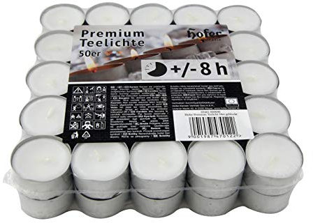Hofer Bougies Chauffe-plat - 50 pièces - 8 heures de combustion - Cire non parfumée, sans gouttes, longue durée, qualité UE