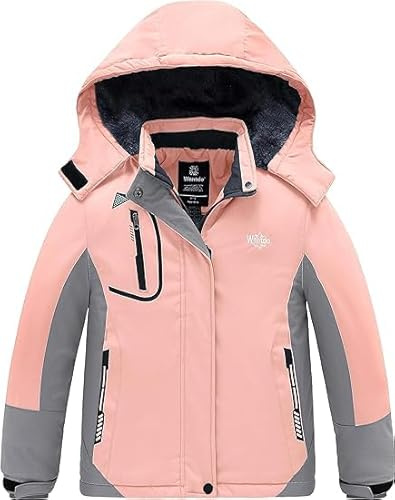 Wantdo Flicka fleecekappa varm snörock vattentät skidjacka med huva vindjacka snowboard rock barn vinterjacka korall rosa 8