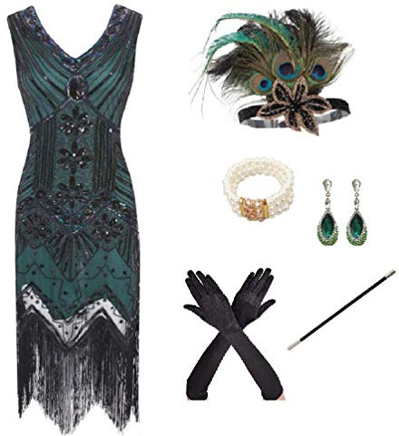 shoperama 20er Jahre Charleston Flapper Damen-Kostüm Grün/Schwarz Pailletten-Kleid mit Fransen und 5-tlg. Pfau Zubehör-Set