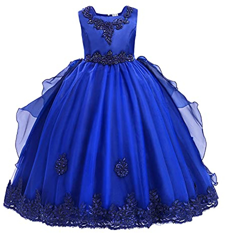 Flower Girls Sleeveless Floral Lace Tulle Princess Puffy Tulle Dress Bridesmaid Wedding Communion Party Pageant Birthday Maxi Formal Prom Evening Ball Gown for Kids Bright Royal 10-11 Years