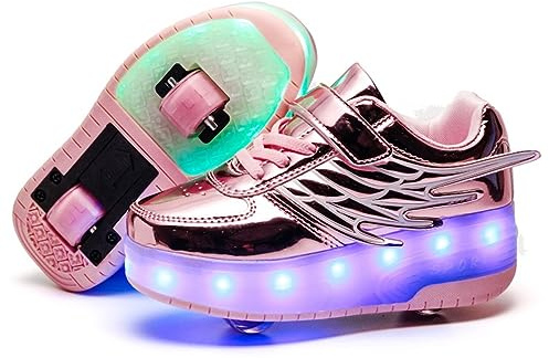 Rullskor, med USB-laddning, pojkar och flickor, LED-lampor, 7 ljusa färger blixt rullskor hjul rullskridskor utomhus sport gymnastik skateboard skor, Rosa 9527 enkelhjul, 34 EU