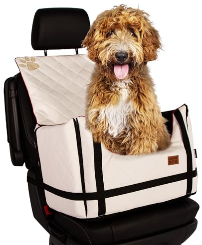 Golden Dog - Transportbox Hund mit Sicherheitsgurt XL-75x55x33 cm - Leder Imitation Autositz Hund, Wasserdicht Hundesitz Auto - Beifahrersitz Hundebox Faltbar - Anschnallgurt Hundekorb Auto, Weiß