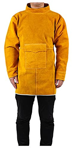 Lederschürze Schweißerschürze mit Werkzeugtaschen, Werkstatt-Lederschürze mit Ärmeln, Flammhemmende Rindslederschürze (Color : Yellow, Size : 85cm)