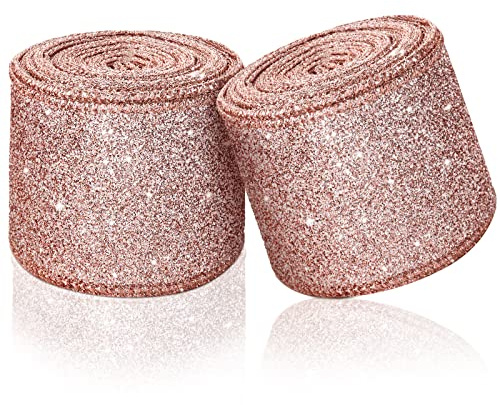 2 Rollen 20 Yards Weihnachten Band Metallische Glitzer Bänder Drahtkante Dekorative Stoffbänder für Party Geschenkverpackung Haus Deko Hochzeit Geburtstag DIY Handwerk, 2,5 Zoll (Rosegold)