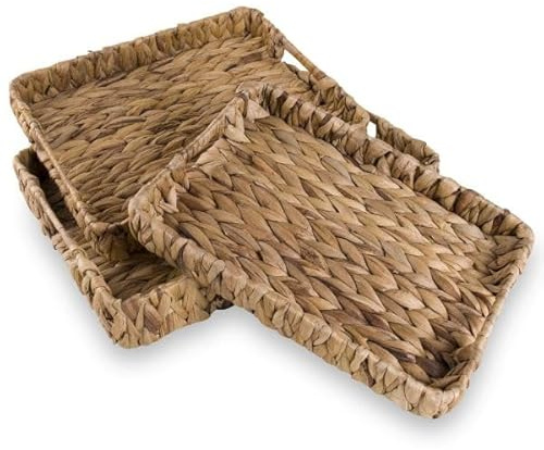 Eden & Willow E&W Rectangle Water Hyacinth, Decorative Natural Hand-Woven Seagrass Serving Tray with Handles (Set of 3)