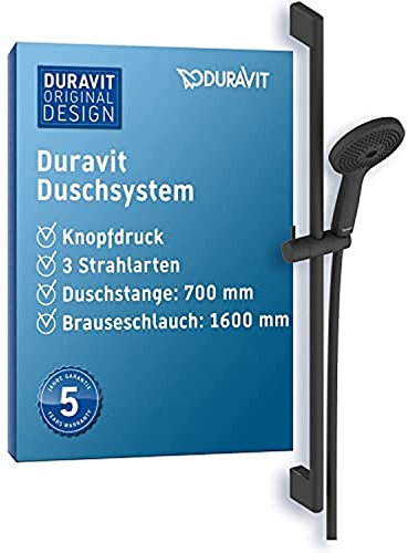 Duravit Universal Duschsystem, Duschset mit 3 Strahlarten (Rain, Pulse, Mono), Duschstange (700 mm) mit höhenverstellbarer Handbrause, Brauseschlauch mit Verdrehschutz, Schwarz Matt
