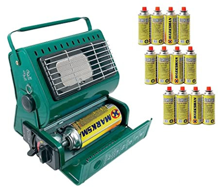 1.3KW Camping Wood Stove Portable Heater & Butane Gas Canisters Lightweight Safety Grill Automatic Ignition Temperature Control Caravan Outdoor Fishing Party Green (Heater + 12 Gas Canister)