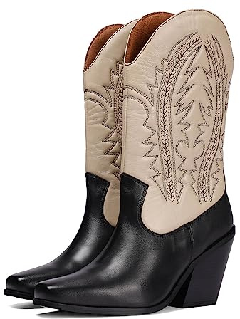 Bottes de type santiags en peau noire et off-white ornées d'une broderie pour femme herlev
