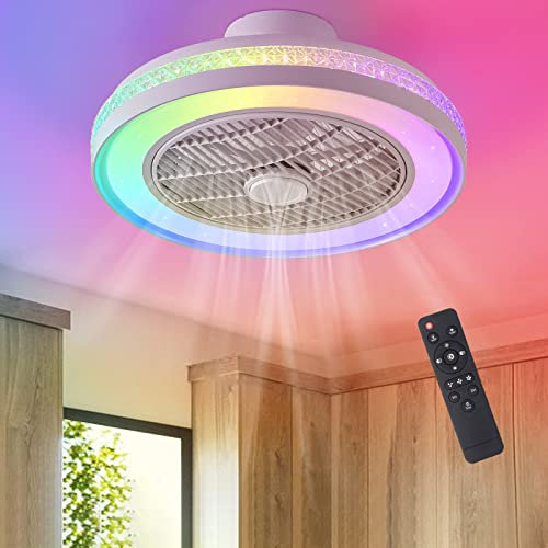 IZOWE Ceiling Fans with Lights RGB, Color Changing Modern Bladeless Ceiling Fan with Lamps, 50CM Dimmable LED Enclosed Flush Mount Low Profile Fan Light for Bedroom Kitchen 3 Speed
