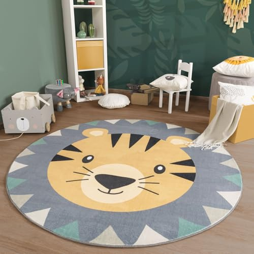 TT Home Waschbarer Kinderteppich Teppich Kinderzimmer Rund Spielteppich Löwe Bär Muster, Farbe:Grau Schwarz Braun, Größe:160 cm Rund