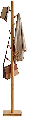 YMYNY Garderobenständer aus Massivholz, freistehender Kleiderständer mit 8 Haken, verdickte quadratische Basis, 3 verstellbaren Höhen, für Tasche, Kleidung, Wohnzimmer, narturfarben HCR002N