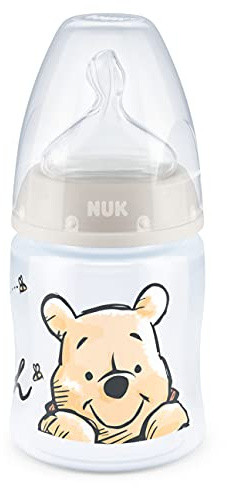 NUK Disney Winnie Puuh First Choice+ Babyflasche mit Temperature Control, kiefergerechter Trinksauger, 150ml, BPA frei, 0-6 Monate, Beige