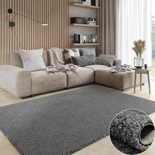 MY-RUG Shaggy Star kuscheliger Langflor Teppich, Rutschhemmende Unterseite, extra Langer Hochflor 37 mm, Pflegeleicht, Super Soft, Felloptik, dunkelgrau, grau, anthrazit, eckig 180 x 120 cm