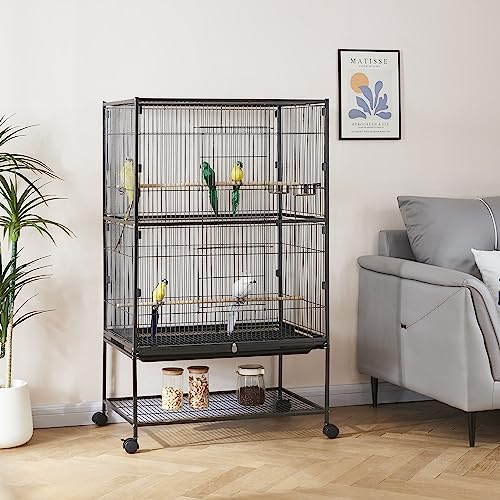 Panana Large Bird Cages Parrot Cage Wide Flight Metal Animal Cage for Budgie Parakeet Conure With Rolling Stand Wheels (Black, 79L x 51W x 132H)