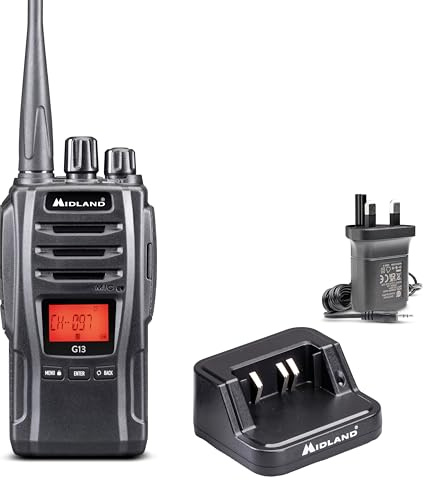 Midland - G13 Walkie Talkie, License Free, Walkie Talkies for Hunting, UK Plug and Belt Clip, Long Lasting Radio, Touch Recognizable Control Layout, Waterproof, Rechargeable Battery Pack