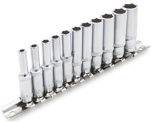 DAKCOS 1/4 Steckschlüssel-Einsatz-Satz, Sechskant 4-13 mm aus CR-V mit mattierter Chromoberfläche, tief