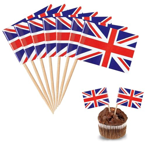 YXHZVON Union Jack Flagge Zahnstocher, 100 Stück Cocktail Stick Flaggen Mini-Flagge Cupcake Toppers Stick für Party Food Cake Obst Geschirr Party Pub Dekoration