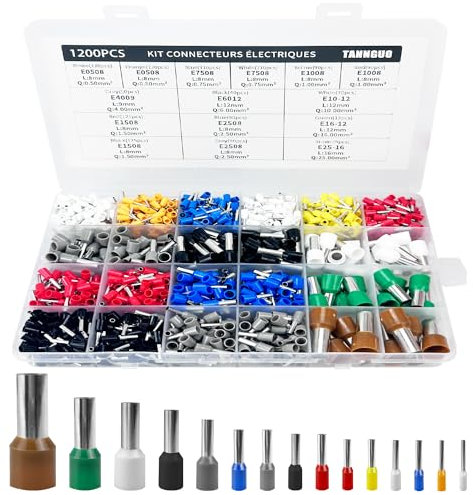 1200 Embouts de Câble Isolés, Embouts de Câble Set, 0.5 mm² – 25 mm², Cosse à Sertir Viroles Connecteur, Embouts de Câble Isolés pour Connexion de Fils