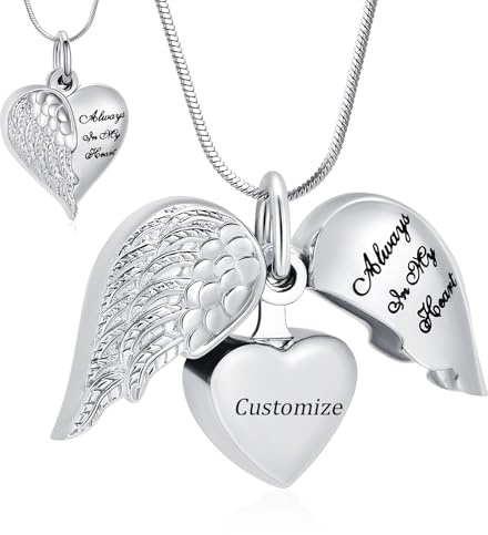 Minicremation Collana con ciondolo urna a forma di cuore per ceneri, ali d'angelo, gioielli per cremazione, ricordo commemorativo, ceneri, gioielli per donne e uomini, sempre nella mia mente, per