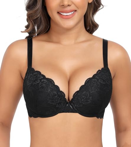 Lemorosy - Sujetador Push up de Encaje con Aros Copa Completa Cómodo para Mujer con Escote Profundo en V Sexy(Negro,95C)