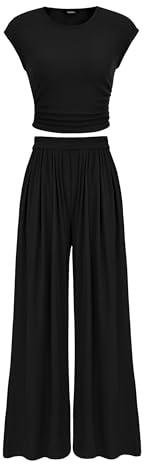 PRETTYGARDEN 2-teiliges Damen-Sommer-Outfit 2024, Flügelärmel, gerüscht, schmal, T-Shirt, gerippt, weites Bein, Hose, Sets Trainingsanzug, Schwarz, X-Large