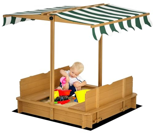Outsunny Arenero para Niños de Madera Arenero con Toldo Ajustable Respaldos Desmontables y 2 Bancos para Jardín Patio 106x106x121 cm Natural y Rayas Verdes