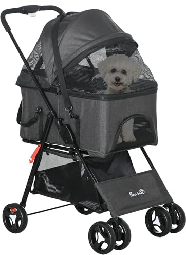 PawHut Passeggino per Cani 3 in 1, Cesta Rimovibile e Trasportino, Passeggino per Animali con Guinzaglio, Cuscino, Cestino e Tettuccio, Grigio