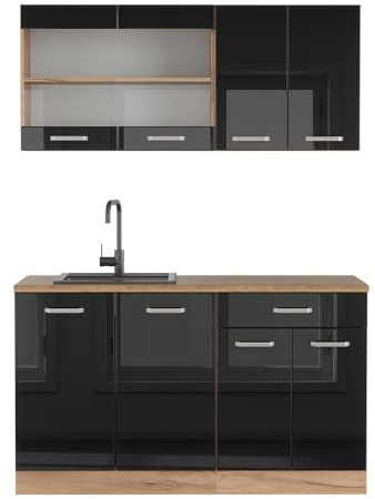 Vicco Küchenzeile R-Line, Schwarz Hochglanz/Goldkraft Eiche, 140 cm | 4 Module · Höhenverstellbare Füße · AP Eiche inkl. · Robuste Fronten · Mit Glasschrank · Frei kombinierbar