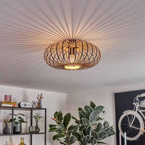HOFSTEIN Deckenleuchte Oravi, Deckenlampe aus Metall/Bambus in Schwarz/Natur, moderne Leuchte im Boho/skandinavischen-Design mit tollem Lichteffekt, Ø 40 cm, E27, Wohnzimmer, Esszimmer, Schlafzimmer