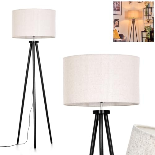 Felmming golvlampa, golvlampa av trä/väv i svart/vit/beige, skandinavisk designarmatur med rund skärm (Ø 50 cm) och fotbrytare, höjd 155 cm, 1 x E27, utan glödlampa