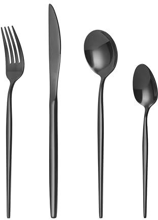 Mr.Spoon Juego de 24 Piezas Cubiertos Acero Inoxidable,18/0, Negro brillo Colores Cuberteria Servir para 6 Personas Cuberterías Incluye Cuchillo/Tenedor/Cuchara.Para Casa, Hotel, Restaurante