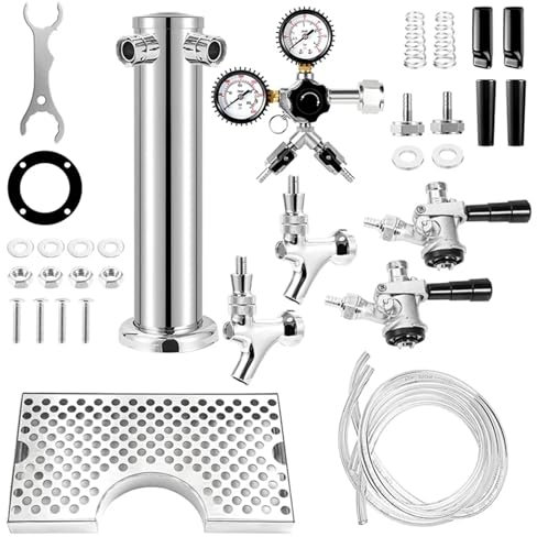 AMEEDA Single Faucet Draft Beer Tower Dual-Faucet Beer Tower,Craft Beer Column Kit With Tap,Co2 Regulator,Keg Coupler And Drip Tray, Home Bar Kegerator Dispenser(S keg coupler)