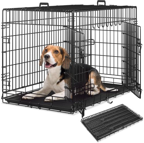 tectake Gabbia per cani pieghevole con griglia in acciaio, vassoio di base rimovibile per la pulizia e 2 porte con doppia chiusura, gabbia portatile per gatti, conigli e cani con 2 maniglie per il