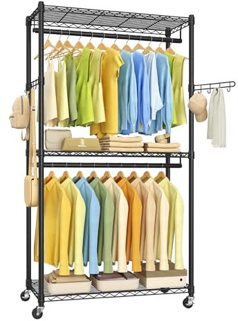 SONGMICS Tragbarer Schrank, robuster Rollgarderobe, Kleiderständer, 80 cm breit, Kleiderständer auf Rollen, mit verstellbaren Netzablagen und Kleiderstangen, Haken, Tintenschwarz ULGR413B01