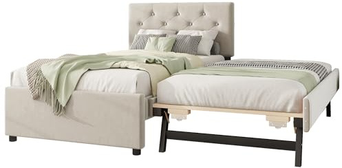 Azkoeesy Cama tapizada con Cama Nido, Patas Plegables, Convertible en Cama de Matrimonio, con somier, capitoné con Botones, Funda de Terciopelo, 90x200 cm + 90x190 cm, Beige