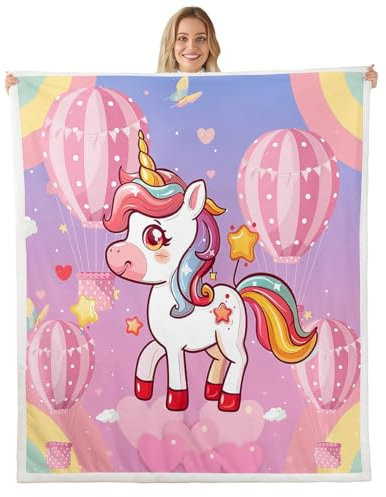 Homewish Cartoon Einhorn Decke 130x150cm Heißluftballon Wurf Decke für Kinder Jungen Mädchen Kawaii Traumfalter Nette Pferd Fleece Decke Sternenhimmel Herz Schlafzimmer Dekor Sherpa Decke