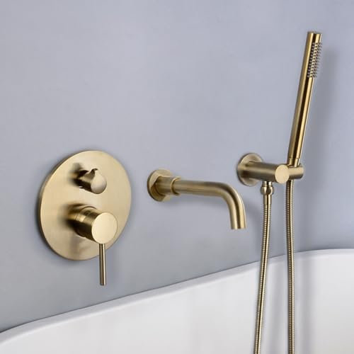 Rubinetto Vasca da Bagno con Doccetta Oro Spazzolato Miscelatore Doccia Incasso con Deviatore Rubinetti per Doccia con Soffione e Doccetta
