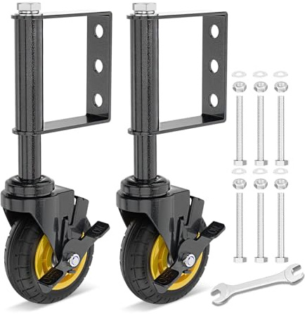 Lygoeege Grindhjul med broms 10 cm grindhjul för trägrindar, 120 kg lastkapacitet, fjäderbelastad stötdämpare av gummidäck för grindhjul, med skruvar och skruvdragare (2-pack)