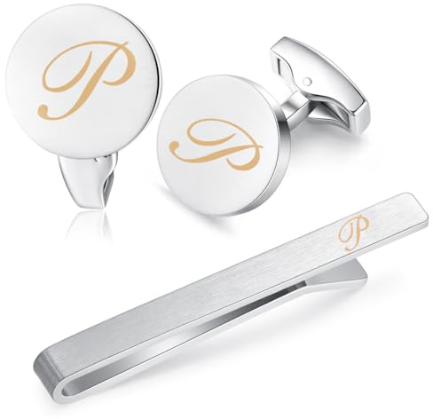 HONEY BEAR Gemelli & Fermacravatta Uomo con Iniziali Alfabeto Lettera per Camicia Matrimonio Commercio Regalo,Argent 5.4cm (P addensare)