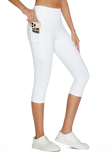adorence Capri Leggings Kvinnor med 5 fickor, Sport Leggings Kvinnor 3/4, Opaka Yogabyxor med Hög Midja - Vit,L