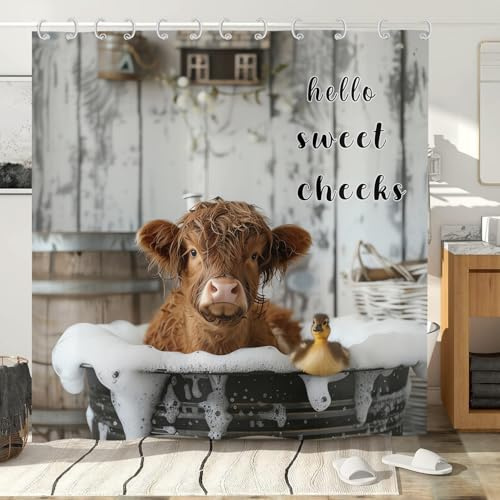 Hnmdmyi Cortina de Ducha Funny Highland Cow 150x180, Farmhouse Western Animal Ganado Pato Bañándose en Bañera Burbujeante Cortina de Bañera Tela de Poliéster Impermeable Cortina de Baño con Gancho