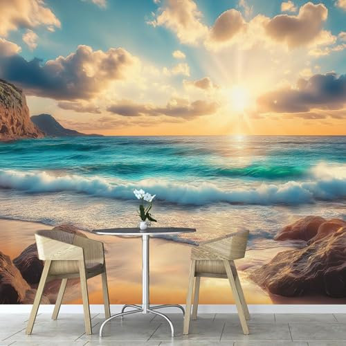 Papel Tapiz FotográFico 350×256cm,Dibujos Animados Vista Al Mar Fotomurales Pared Tejido, Playa Personalizado Papel Pintado,DecoracióN De Pared Sala Cuarto