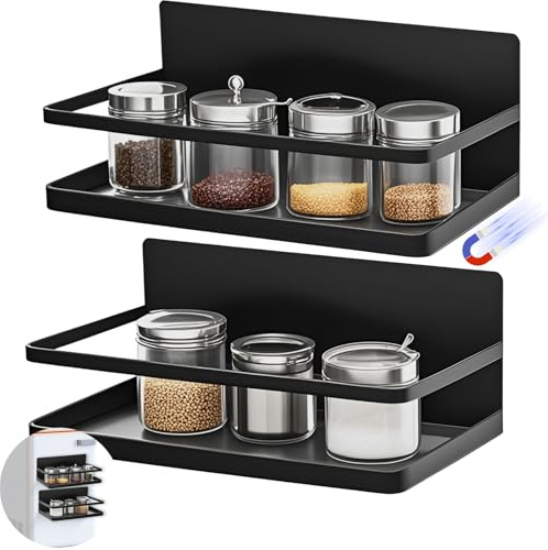 Dinhauyon Kühlschrank mit magnetischem Gewürzhalter, 2 Stück Kühlschrank Regal Magnetisch für die Küchenaufbereitung und Lagerung von Gewürzglasflaschen für Getränke (schwarz)
