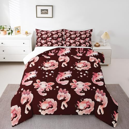 Juego de edredón infantil de salamandra de dibujos animados para niños, tamaño individual, bonito juego de ropa de cama acolchado de animales marinos con 1 funda de almohada, ropa de cama ligera