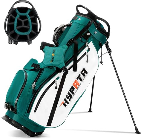 HYPATA 14 Way Golf Stand Bag-Lightweight Golf Bag for Men Women, Premium PU Leather Golf Bag with Stand, 8 Pockets, Cooler Pouch, Rangefinder Pouch, Detachable Dual Strap, Rain Cover Hood, Dark Green