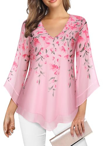 Gemulate Women's Blouses & Shirts Ladies 3/4 Sleeve Tops V Neck Chiffon Basics Fashion Top Ladies Blouses Tops for Women UK Dresses Party Outfits for Women Pink Floral L
