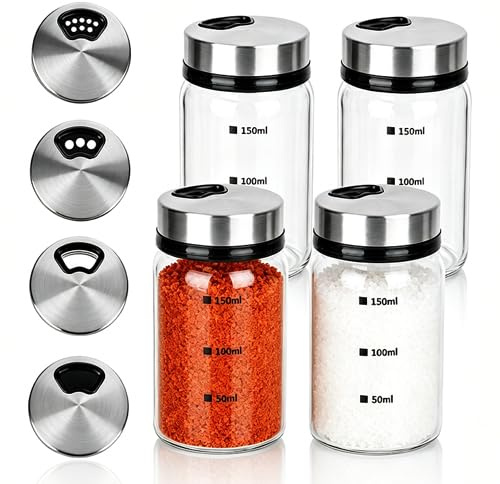 WeeGoo Glass Salt Pepper Shaker, 150ml/5oz Rotating Seasoning Shaker, 4 Pcs | Moisture Resistant, with Adjustable Pour Holes, Spice Jars Container for Kitchen Restaurant Picnics BBQ